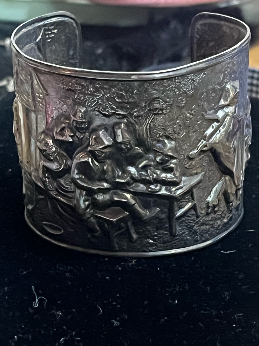 Vintage Repousse Pub Scene Cuff Bracelet